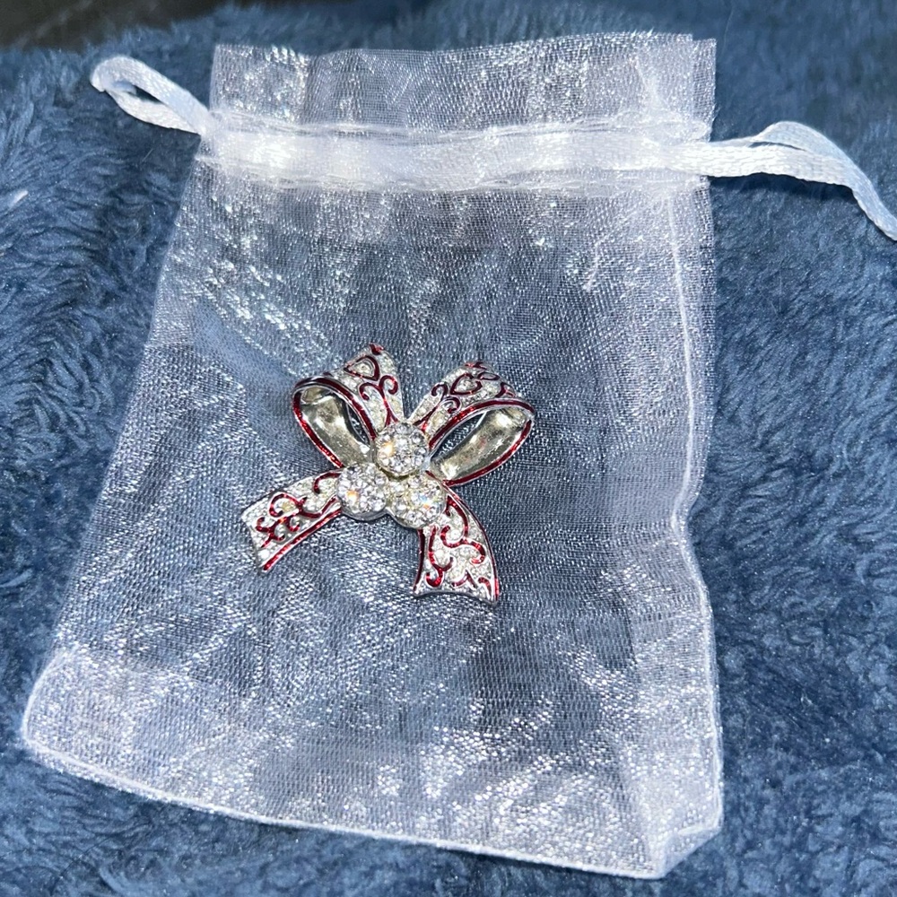 Monet Elegant Silver and Red Bow Brooch